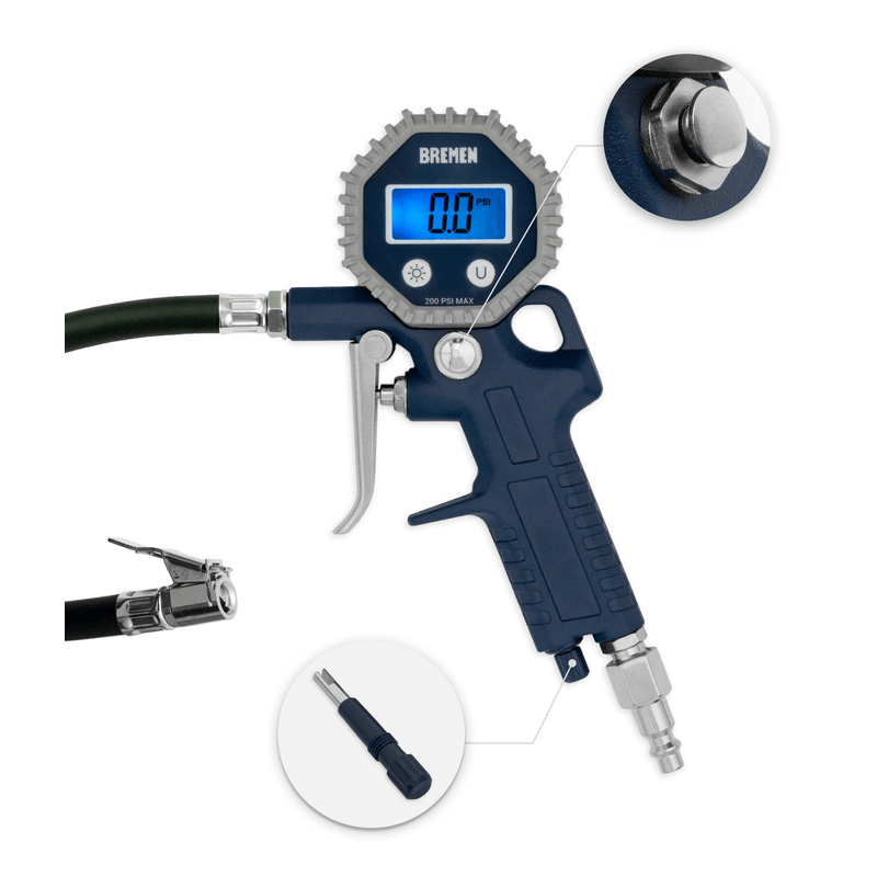 INFLADOR de NEUMATICOS con MANÓMETRO DIGITAL (PISTOLA) BREMEN®